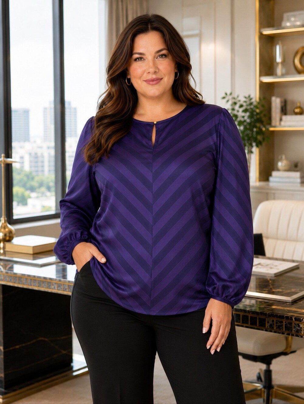 Liz Claiborne Womens Plus 2X striped purple long sleeve blouse